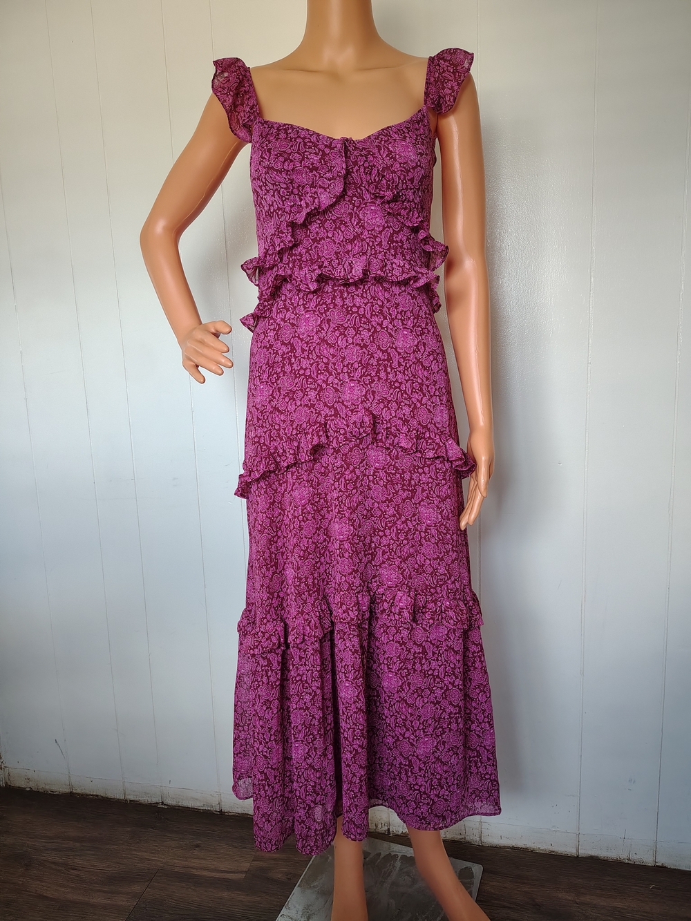 O.P.T. Pink Magenta Floral Tiered Ruffle Midi Dress NWT Size Small